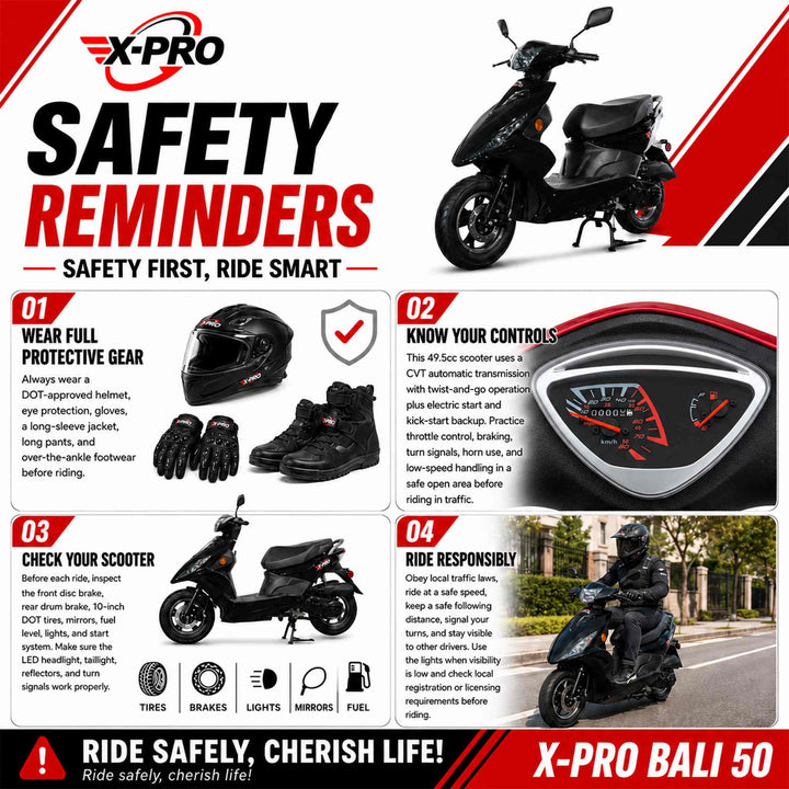 Free Shipping! X-PRO Bali 50cc Moped Scooter with 10" Wheels! Electric/Kick Start! Large LED Headlights!