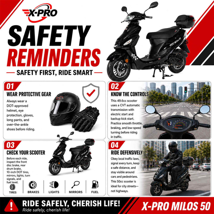 Free Shipping! X-PRO Milos 50cc Moped Scooter with 10in Aluminum Wheels, Rear Trunk, Electric/Kick Start! Large LED Headlight!