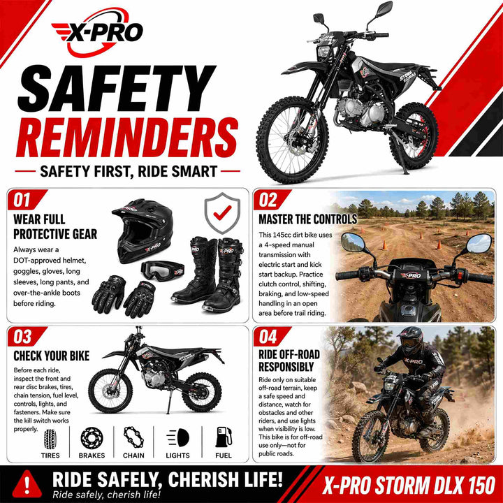 Free Shipping! X-PRO Storm DLX 150 Dirt Bike with All Lights, 4-Speed Manual Transmission, Electric/Kick Start, Big 19in/16in Tires!
