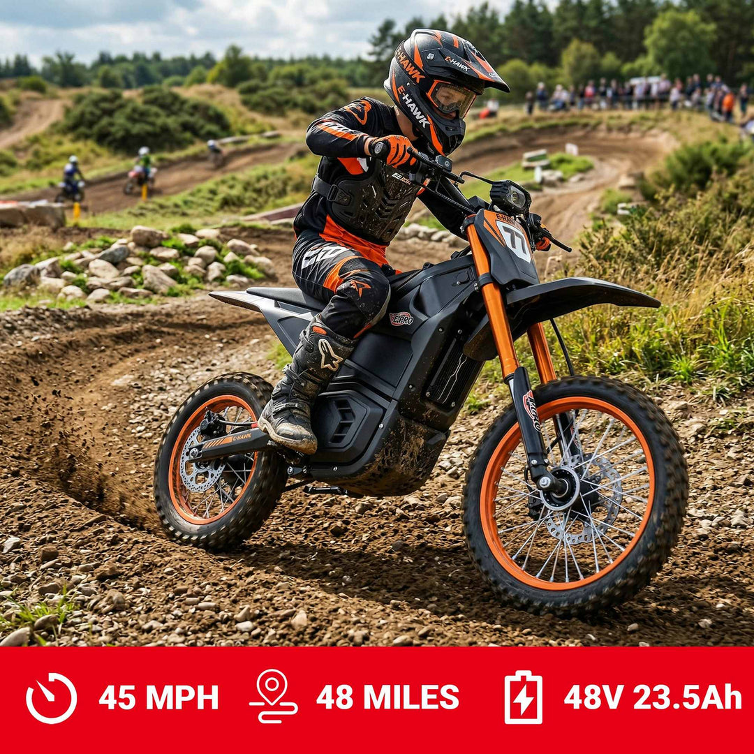 Free Shipping! X-PRO E-HAWK Electric Dirt Bike — 3500W Peak Mid-Drive Gearbox, 48V 23.5Ah, Up to 42+ MPH