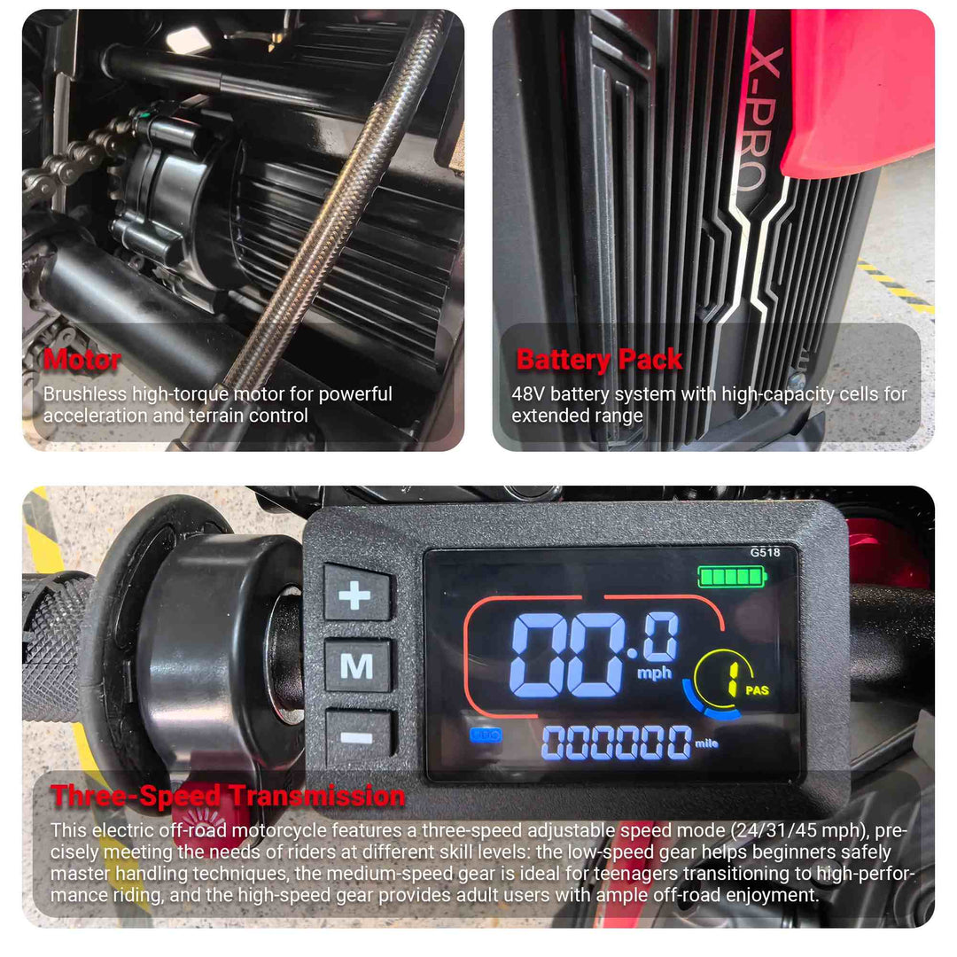 Free Shipping! X-PRO E-HAWK Electric Dirt Bike — 3500W Peak Mid-Drive Gearbox, 48V 23.5Ah, Up to 42+ MPH